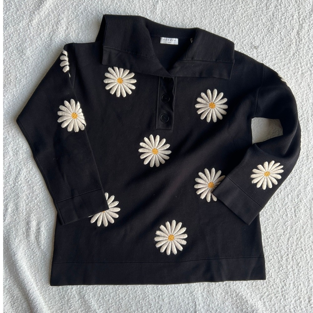 Sandro Paris Daisy Floral Embroidered Knit Collared Polo Sweater Top Black